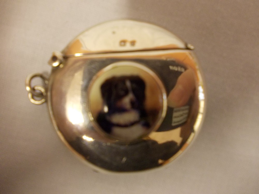 silver vesta case with dog enamel